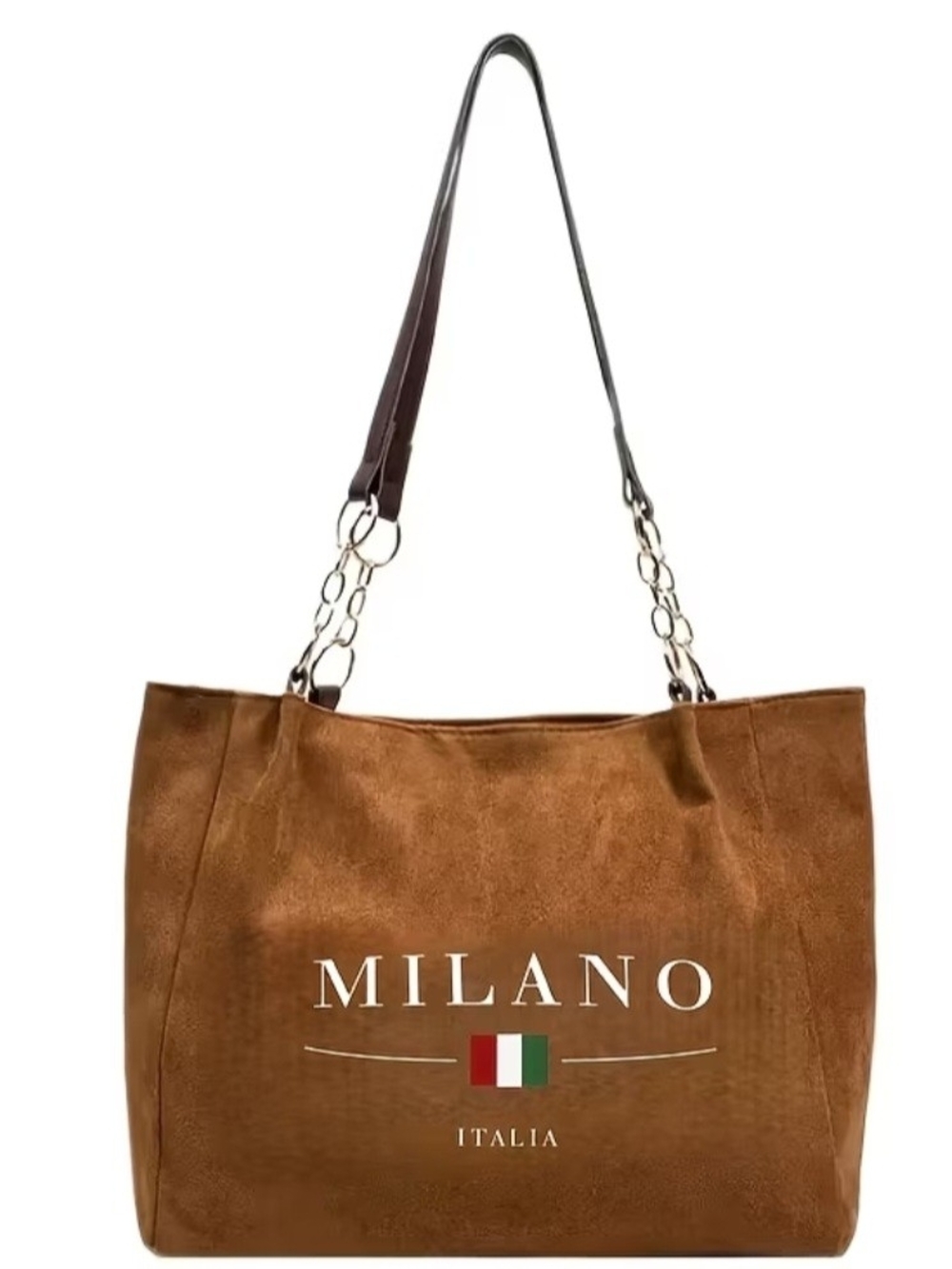 Milano Tan Suede Tote with Chain-Accent Straps